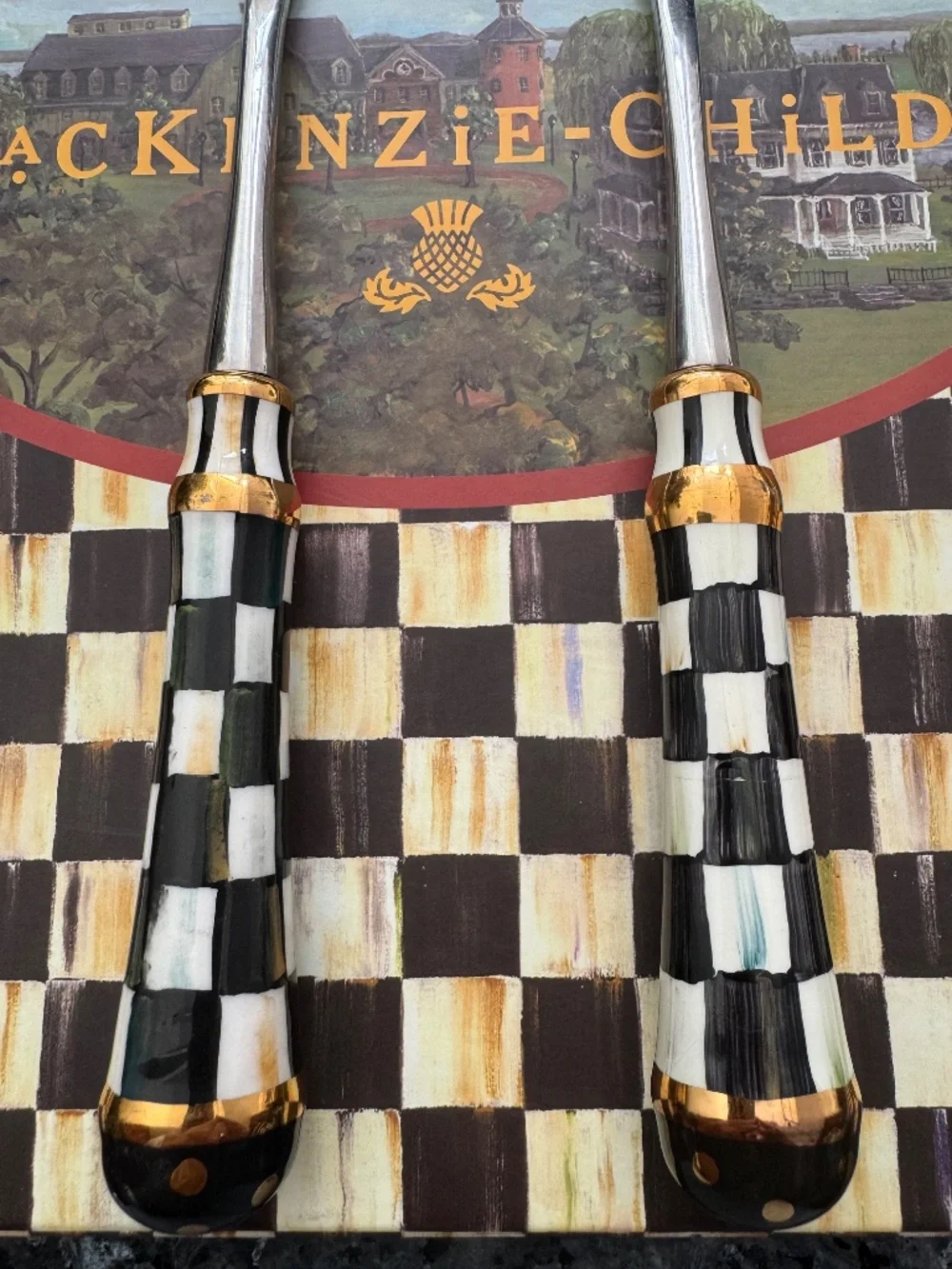 Mackenzie Childs Courtly Check Serving Set -Spoon And Fork Used as Display Only